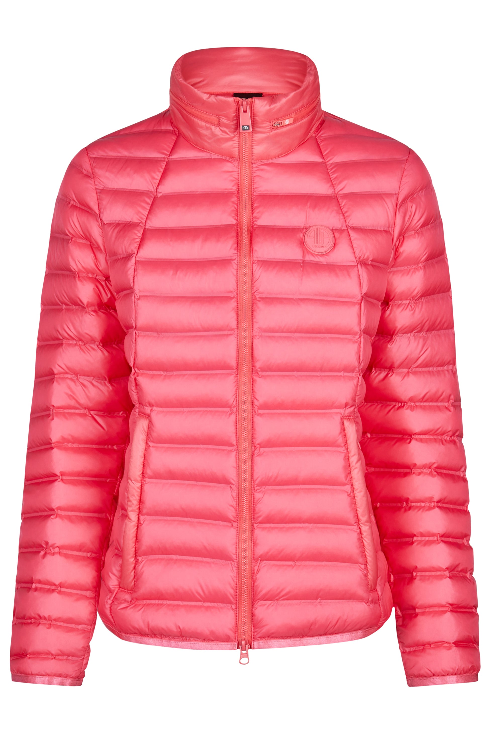 Pink puffer jacket on a white background