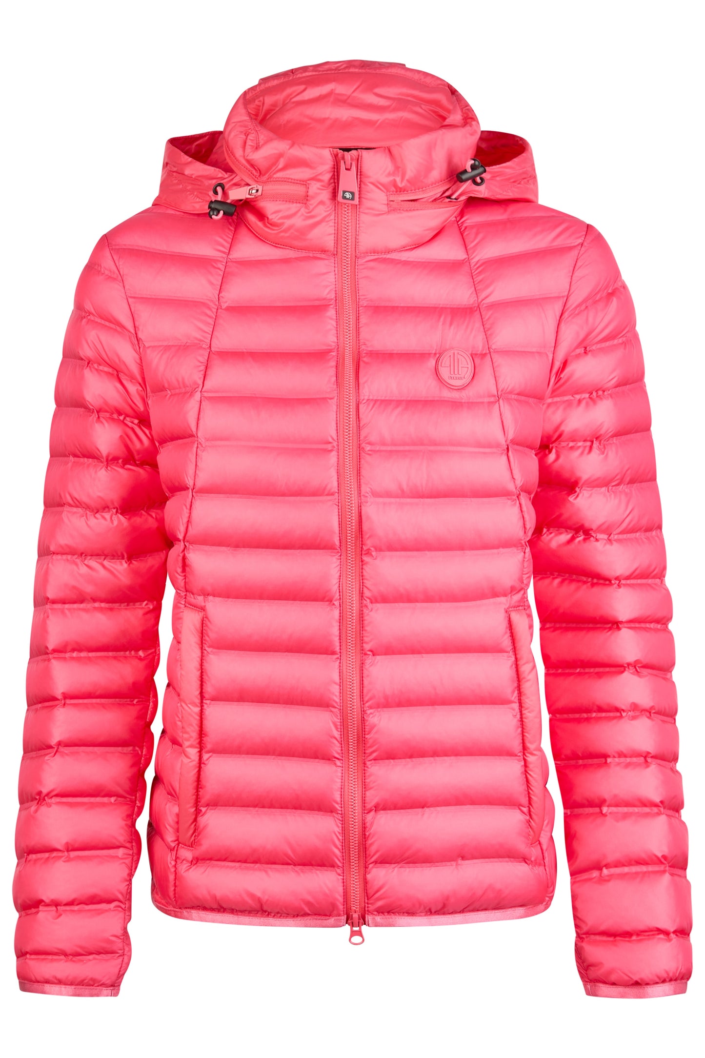 Pink puffer jacket on a white background