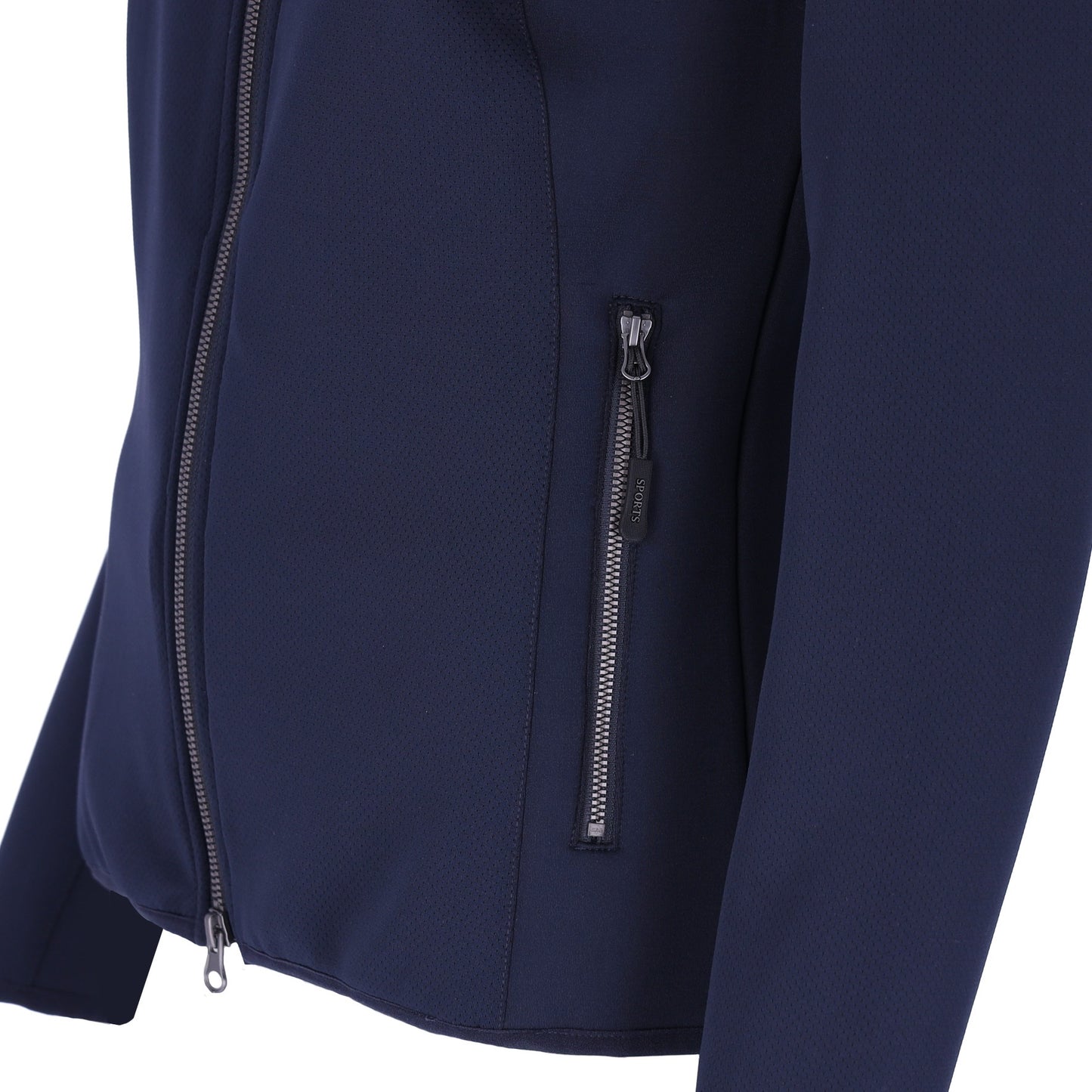 Close up of a zip on a navy jacket