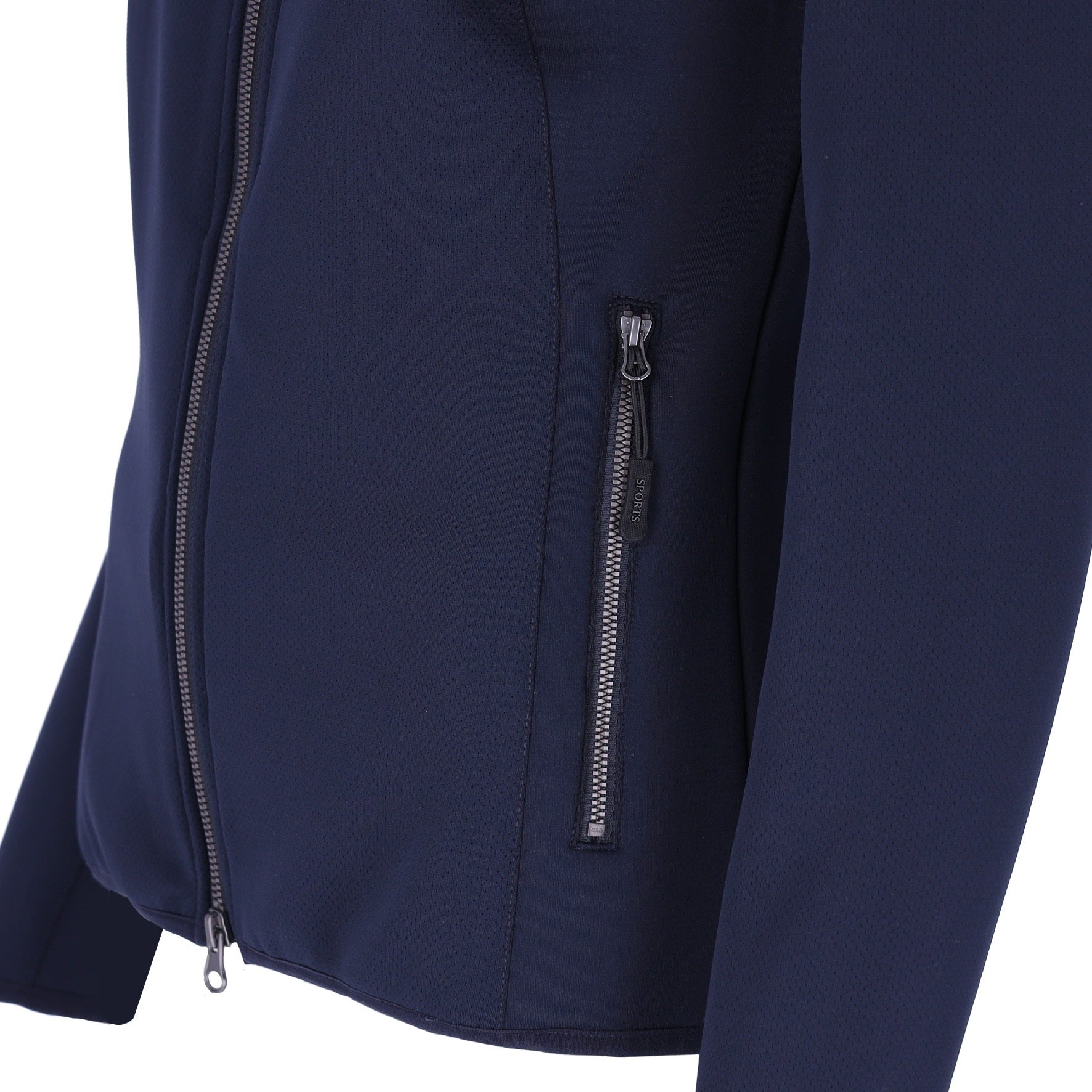 Close up of a zip on a navy jacket