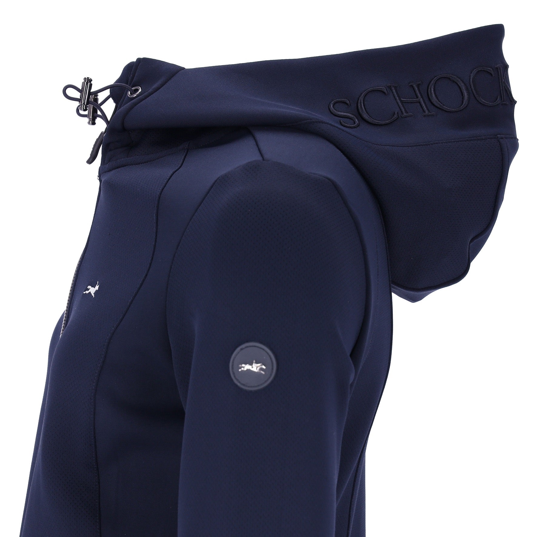 Navy jacket with horse logo on a white background