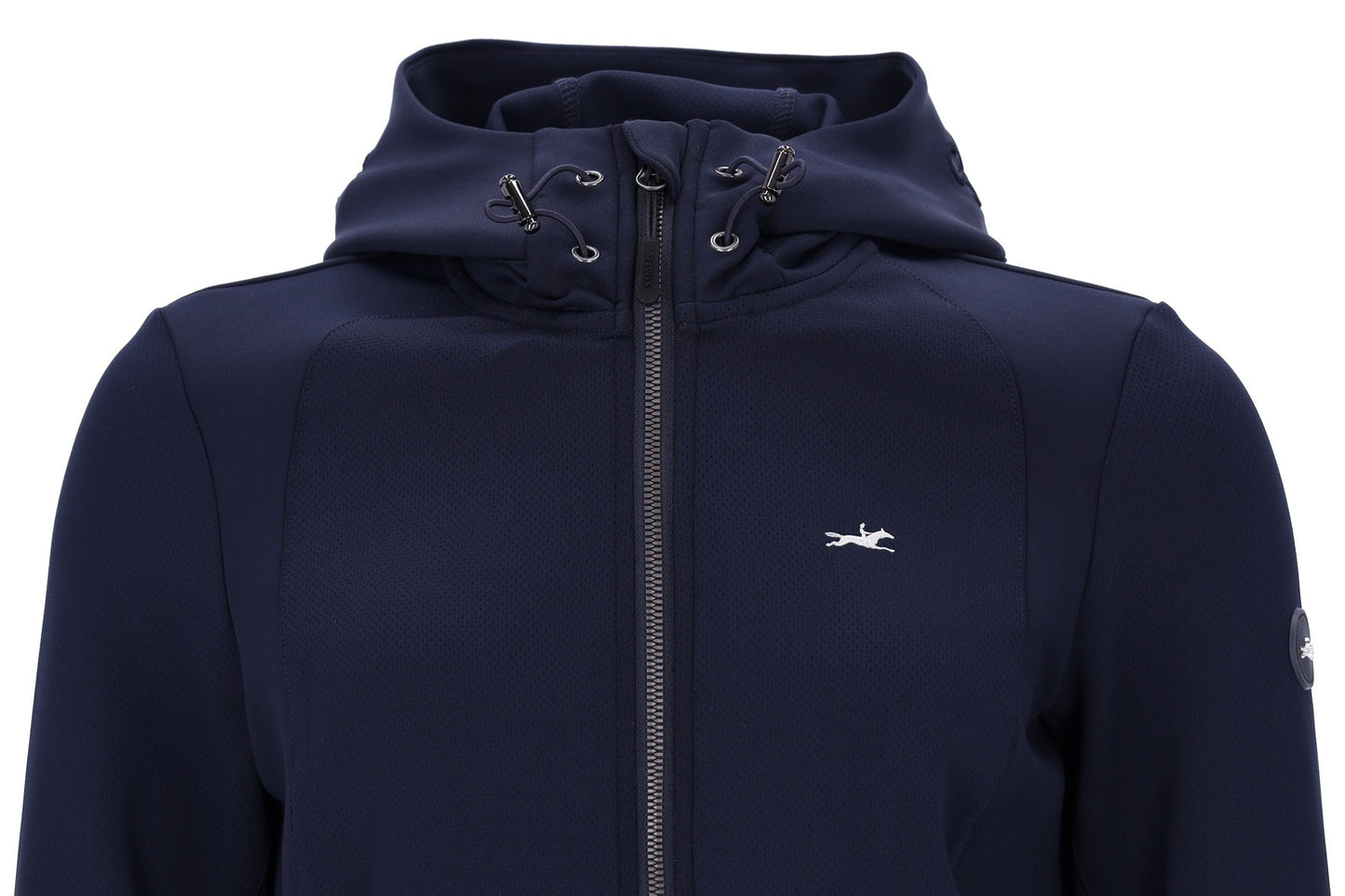 Navy jacket with horse logo on a white background