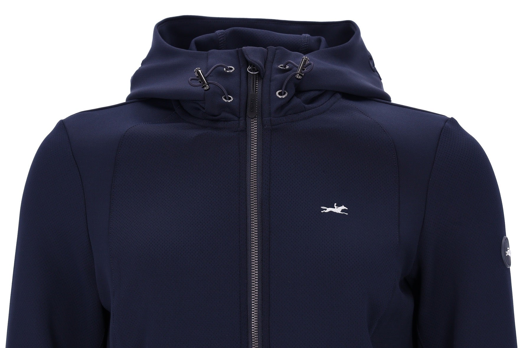 Navy jacket with horse logo on a white background