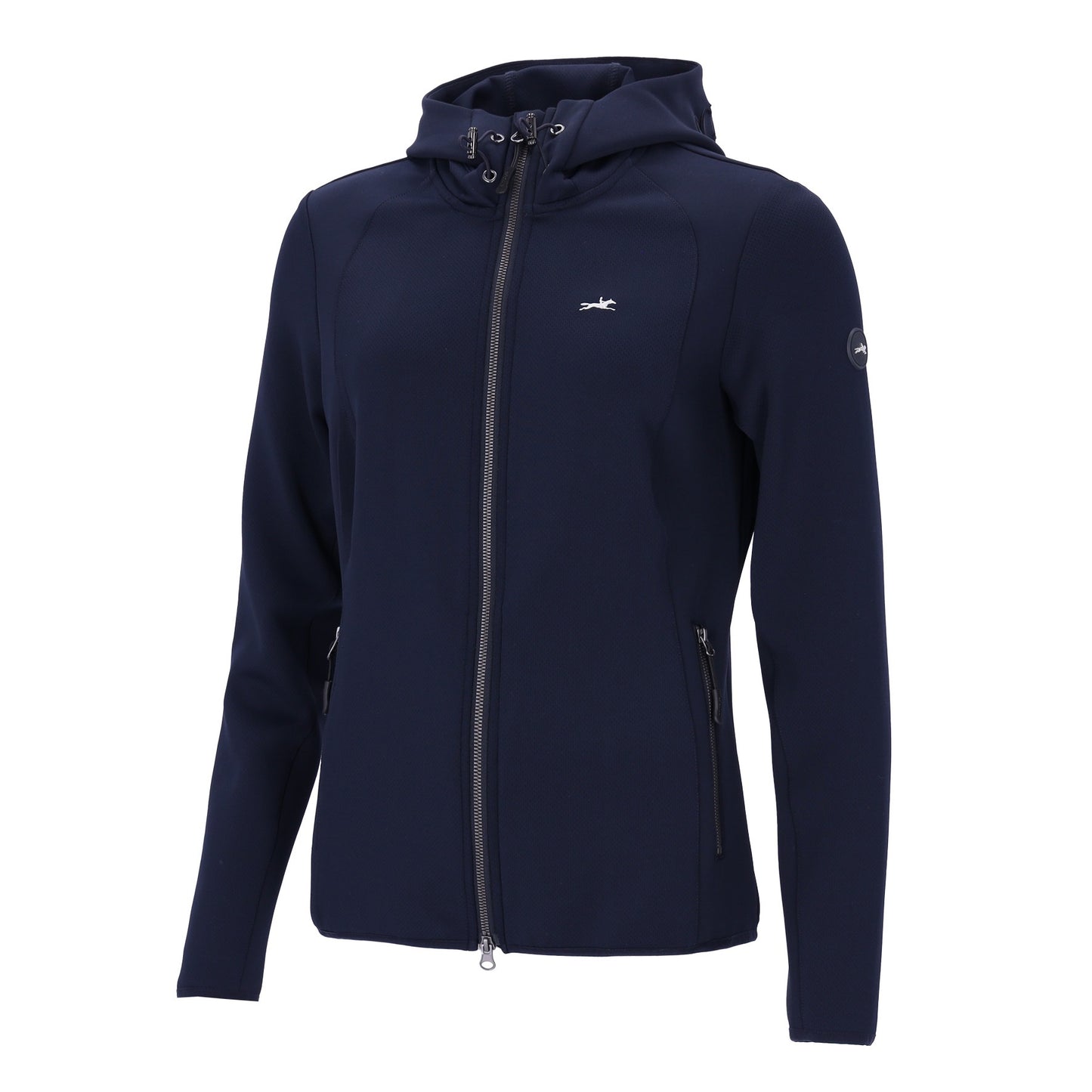 Navy jacket with horse logo on a white background