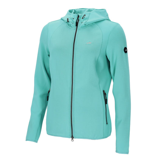 Turquoise blue jacket with horse logo on a white background