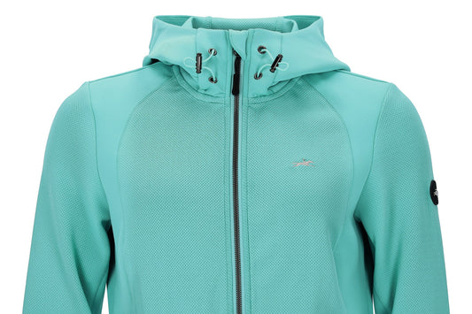 Turquoise blue jacket with horse logo on a white background