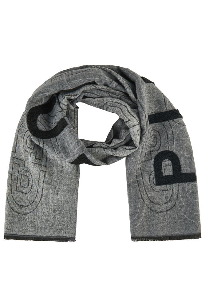 A gray woven scarf with black embroidered monogram lettering, shown on a plain white background.
