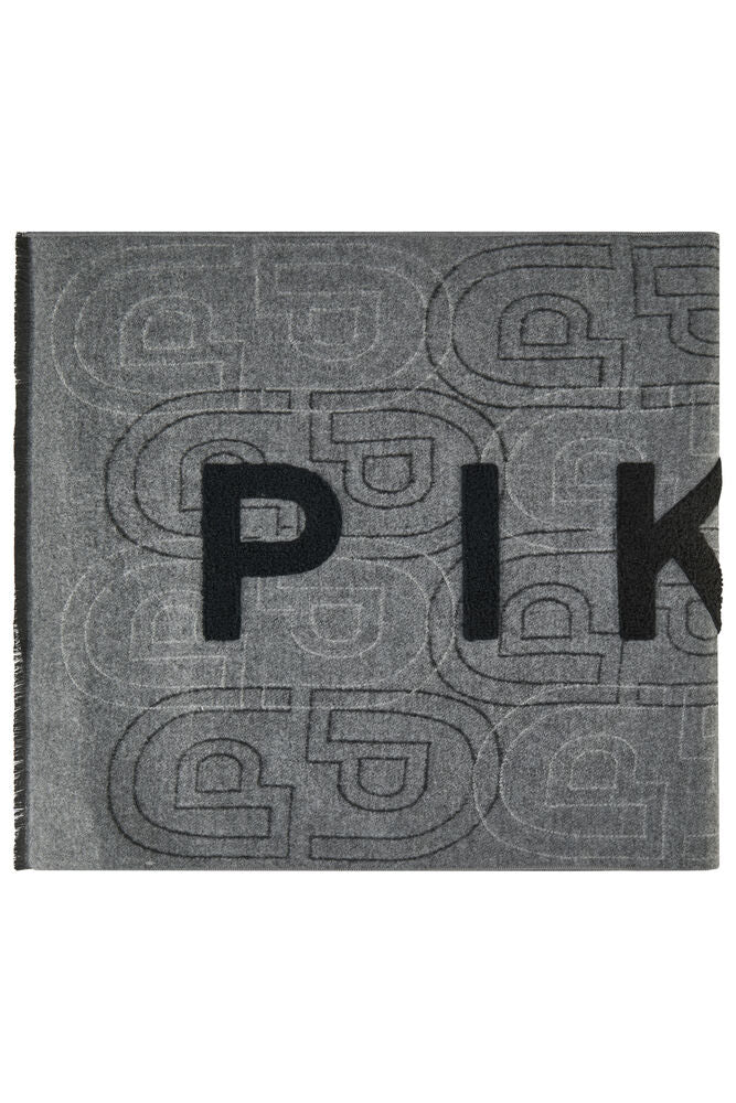 A square gray scarf featuring a repeating tonal geometric pattern and large black letters spelling 'PIK' across the front.