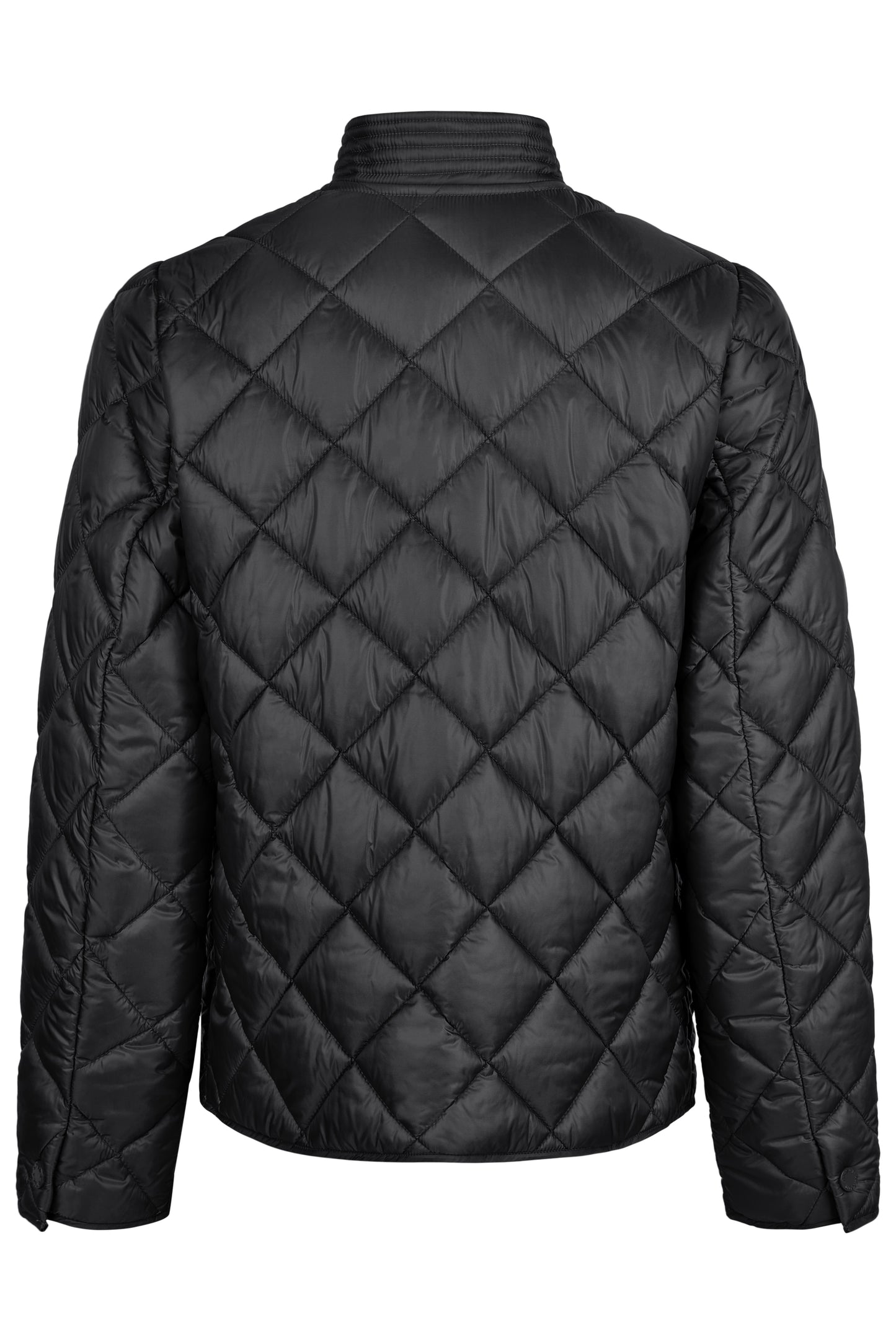 Black quilted jacket on a white background