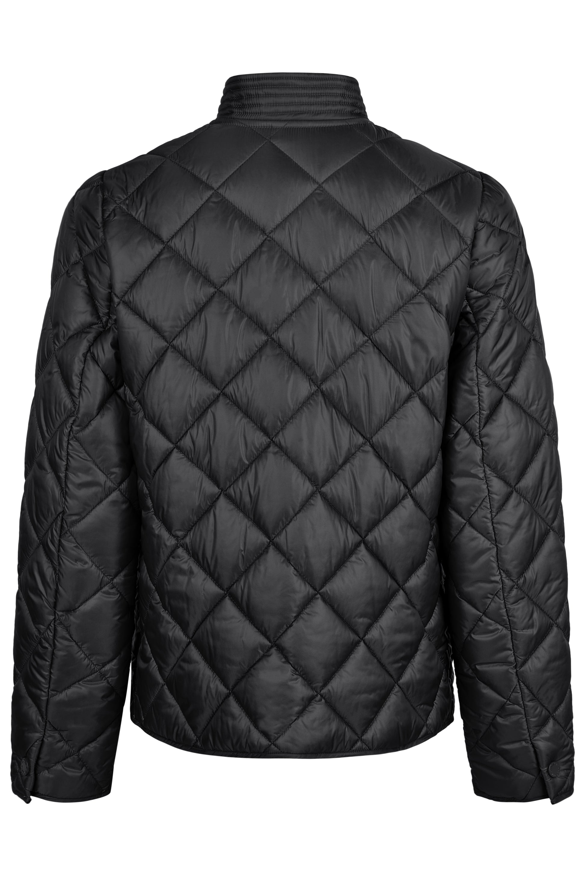 Black quilted jacket on a white background