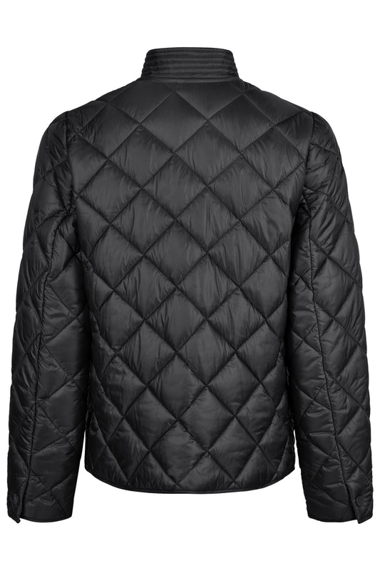 Black quilted jacket on a white background