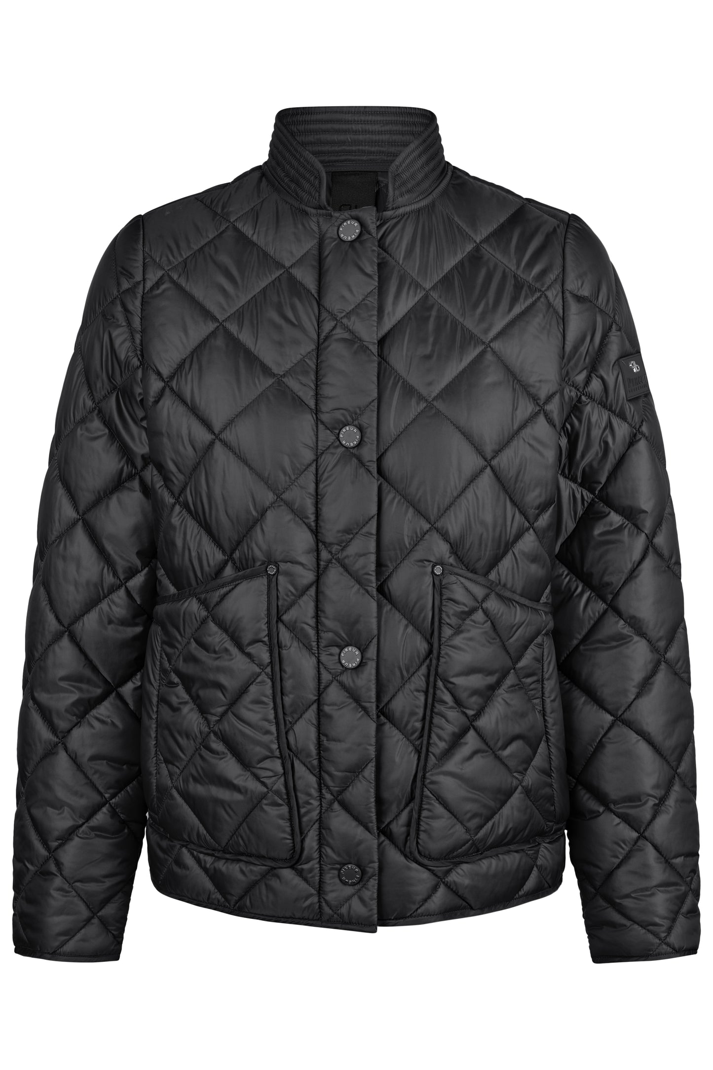 Black quilted jacket on a white background