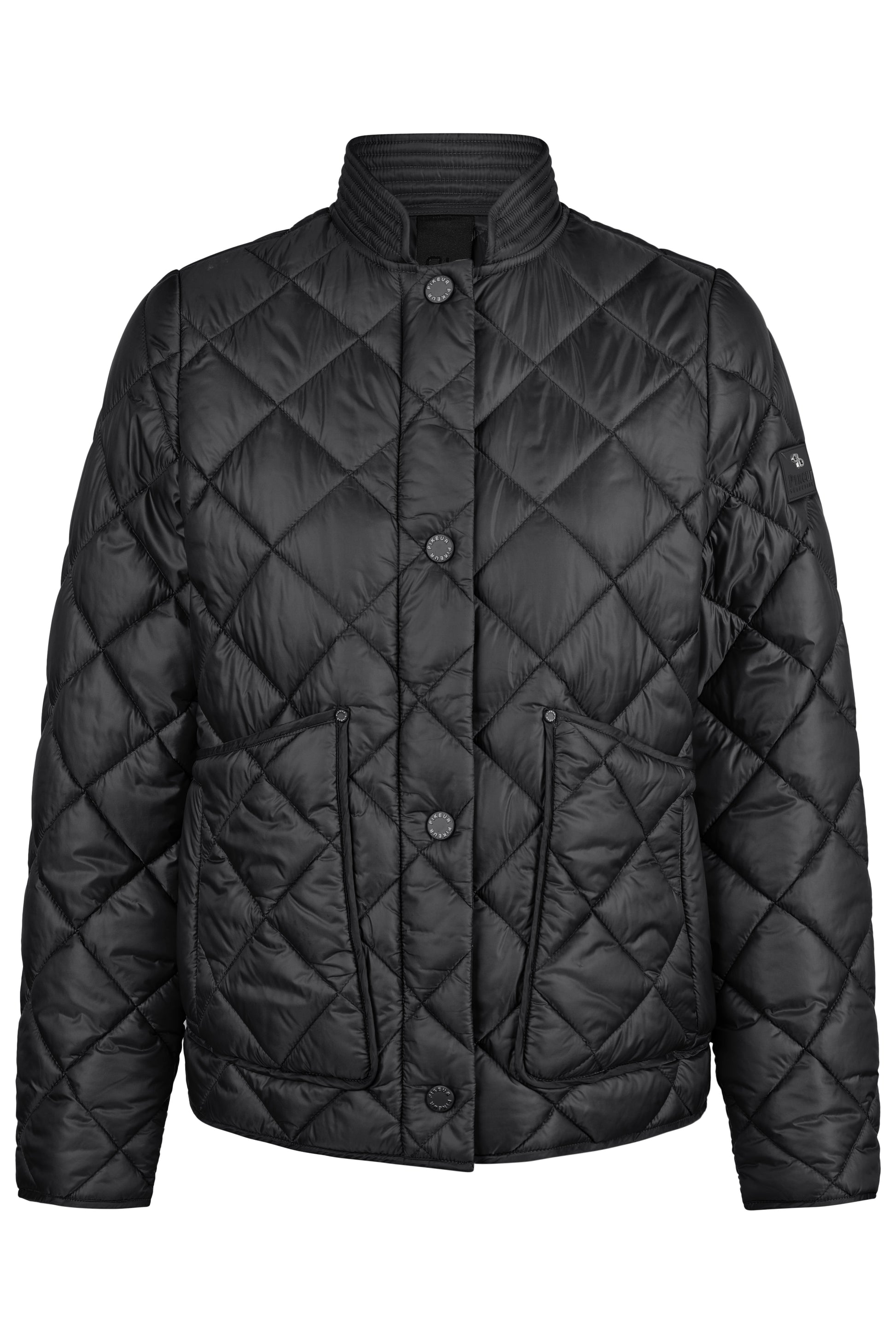 Black quilted jacket on a white background