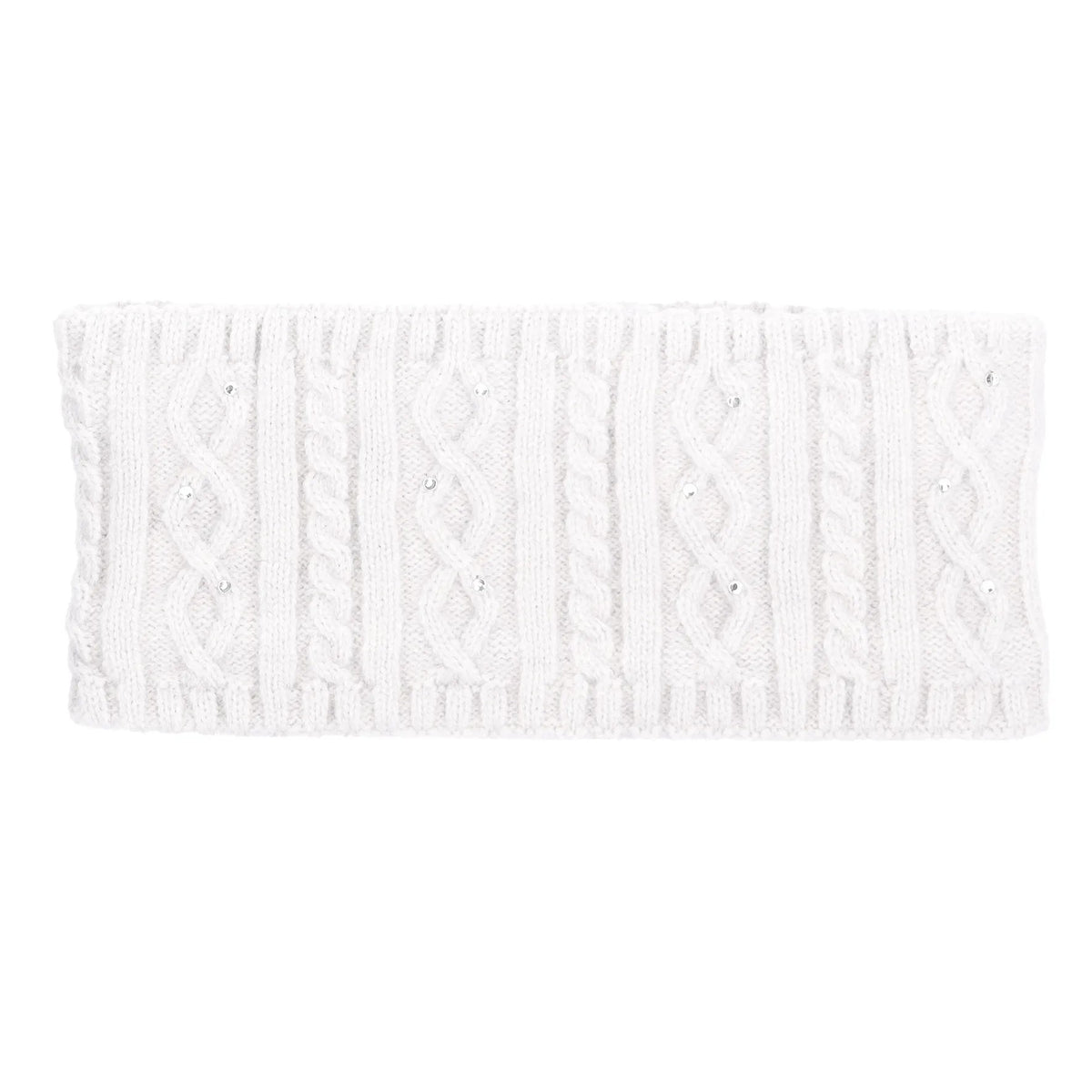 A white cable-knit headband with small silver rhinestone embellishments, shown flat against a solid white background.