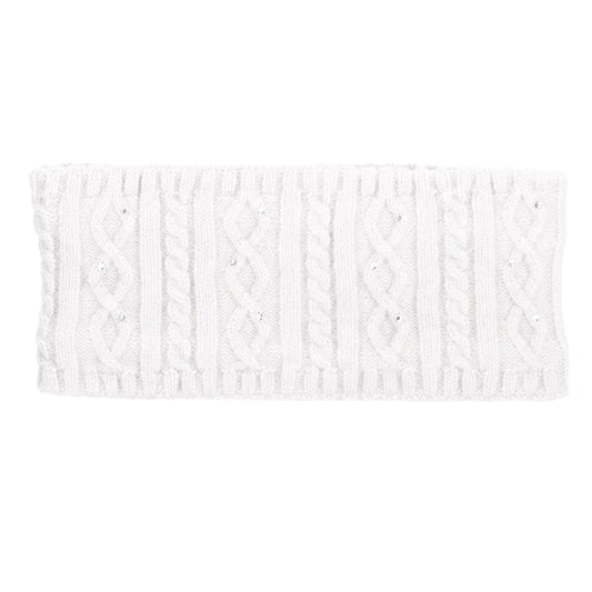 A white cable-knit headband with small silver rhinestone embellishments, shown flat against a solid white background.