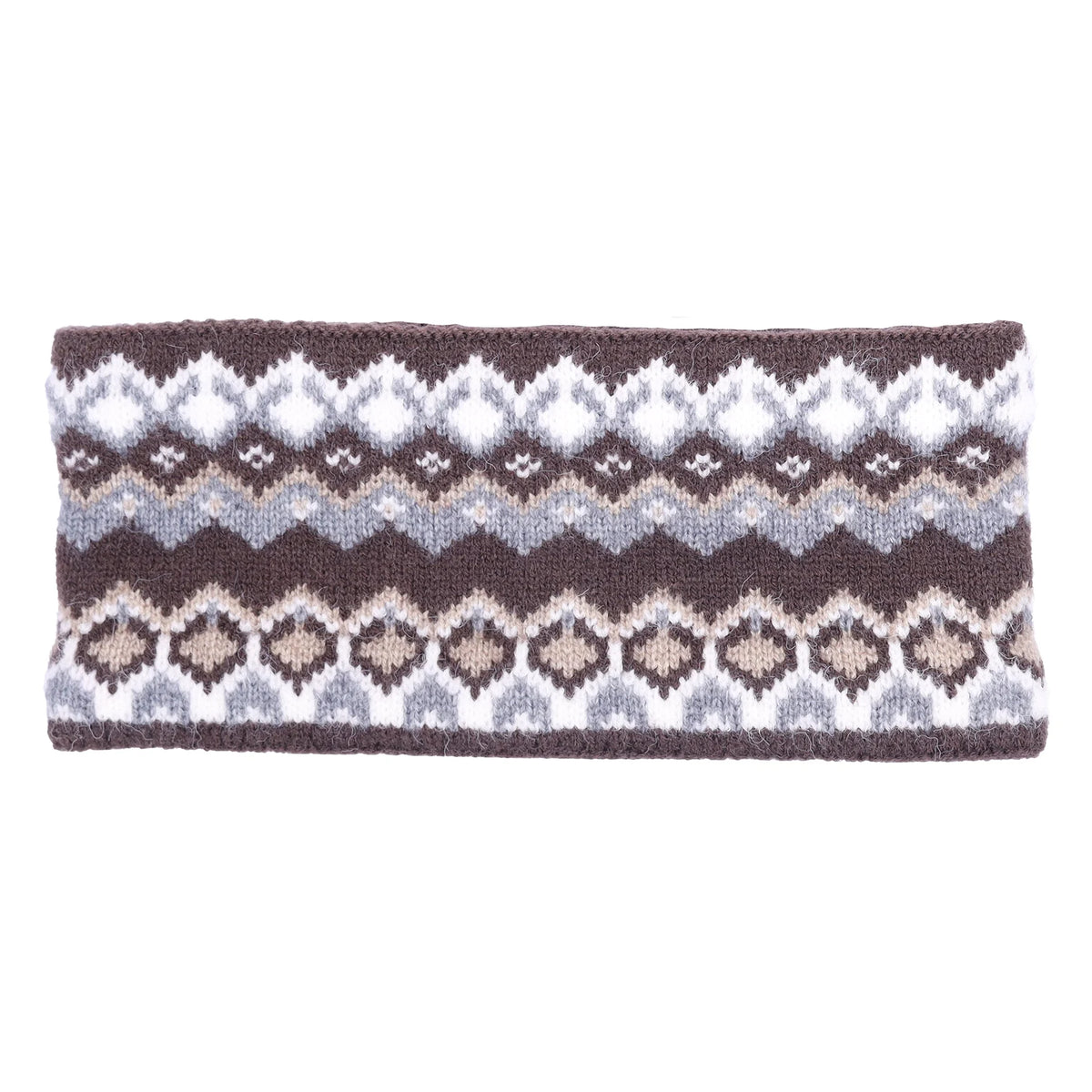 A knitted ear warmer or headband featuring a brown, white, and light gray Fair Isle geometric pattern, shown flat against a white background.
