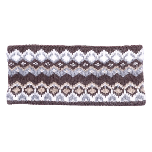 A knitted ear warmer or headband featuring a brown, white, and light gray Fair Isle geometric pattern, shown flat against a white background.