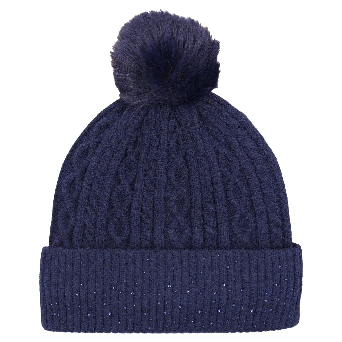 A navy blue cable-knit beanie hat with a matching faux-fur pom-pom on top and a ribbed cuff decorated with small silver rhinestones, shown against a plain white background.