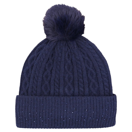 A navy blue cable-knit beanie hat with a matching faux-fur pom-pom on top and a ribbed cuff decorated with small silver rhinestones, shown against a plain white background.