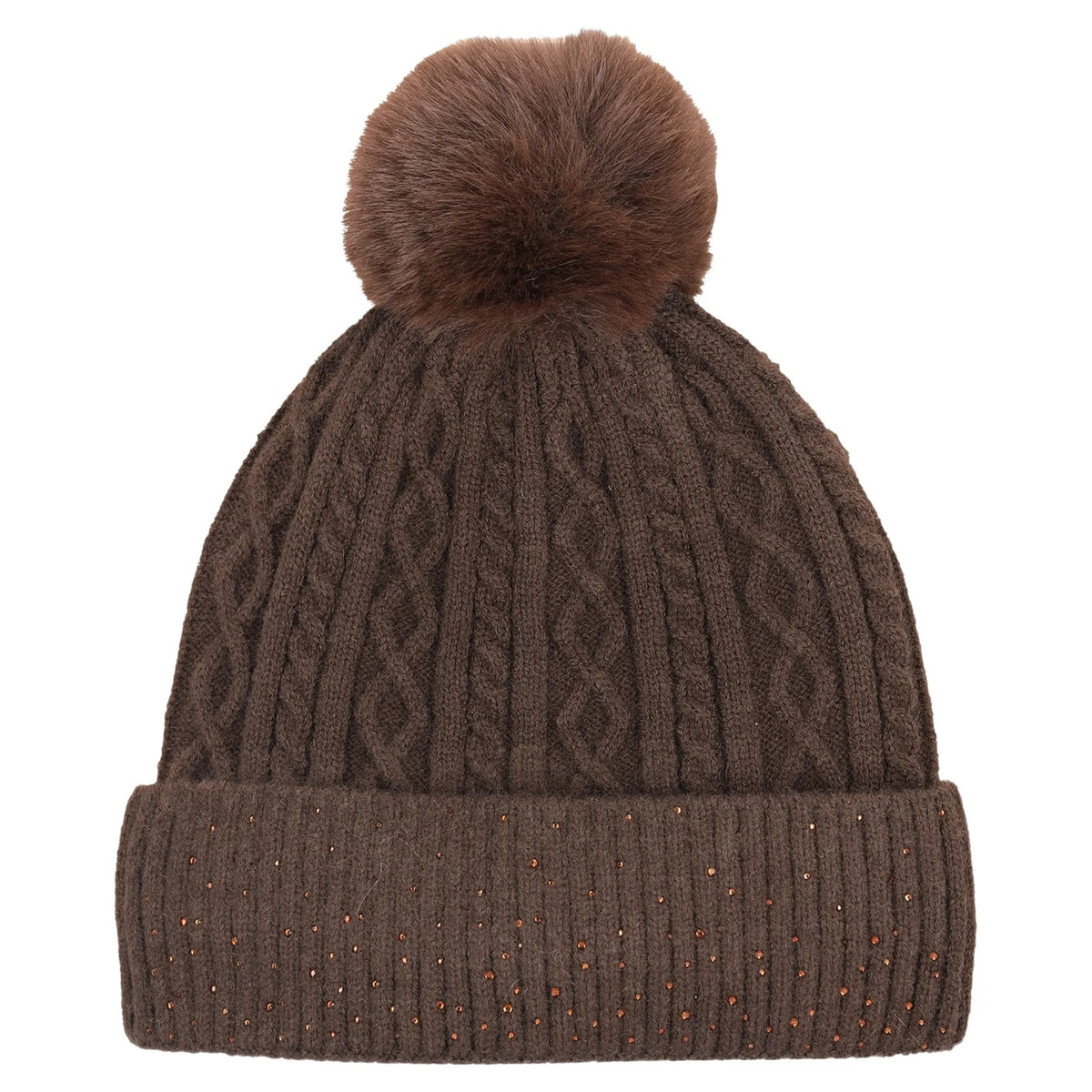 A brown cable-knit beanie hat with a matching faux-fur pom-pom on top and a ribbed cuff decorated with small metallic glitter specks, shown against a plain white background.