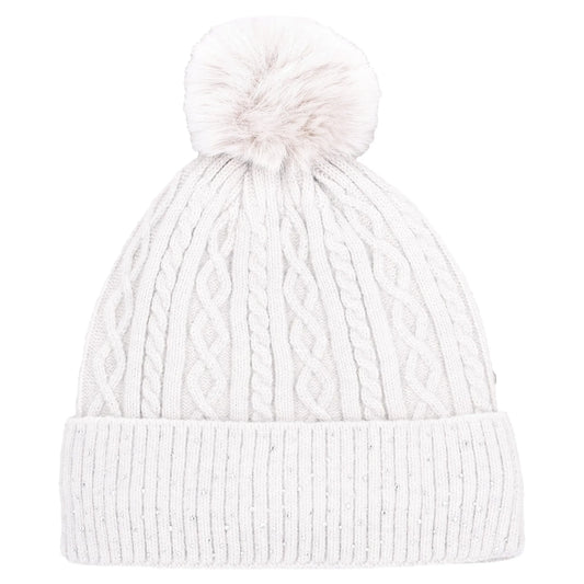A white cable-knit beanie hat with a matching fluffy pom-pom on top, shown against a plain white background.
