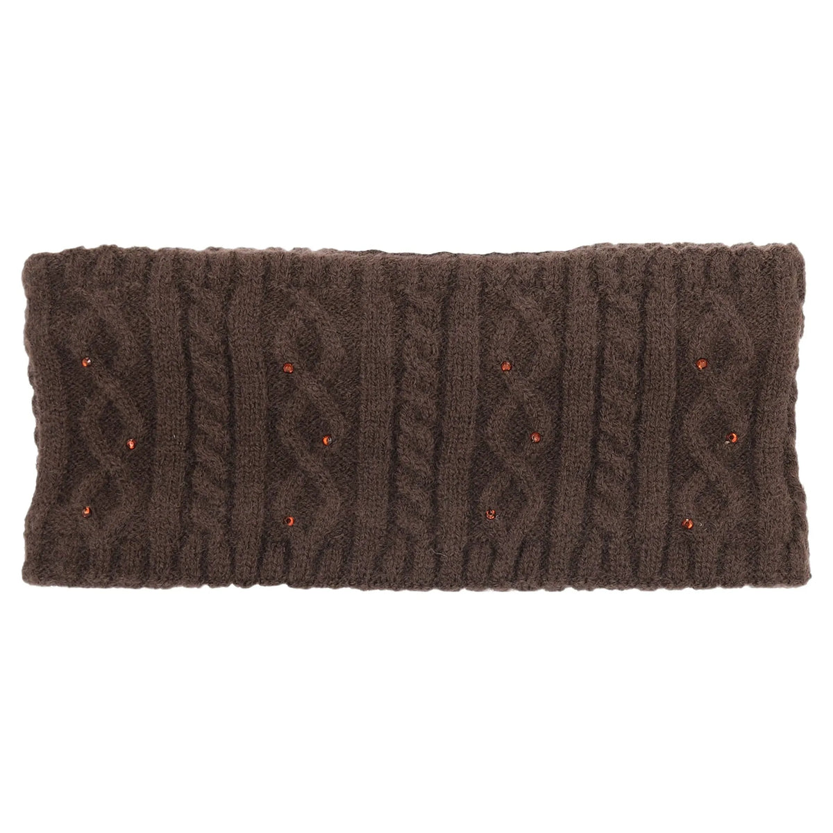 A dark brown cable-knit headband with small orange embroidered accents, shown flat against a white background.