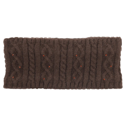 A dark brown cable-knit headband with small orange embroidered accents, shown flat against a white background.