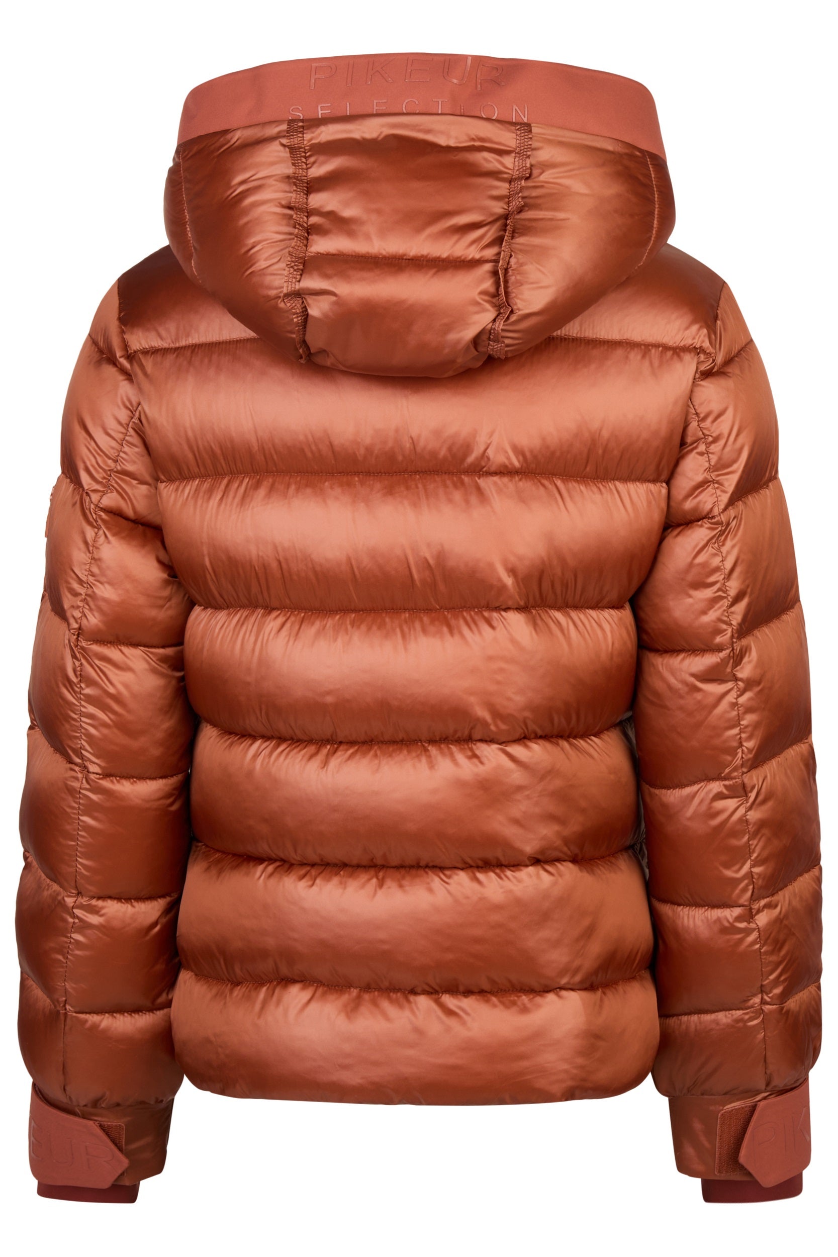 Red puffer jacket with a hood on a white background