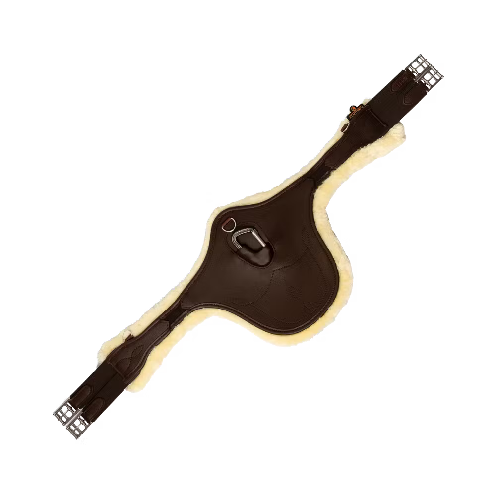 Brown leather girth with white lining on a transparent background