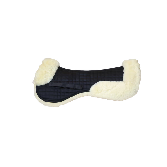 Black saddle pad with white fleece lining on a transparent background