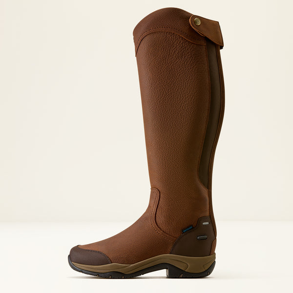 A tall brown leather riding boot shown in a side profile against a clean, off-white background.