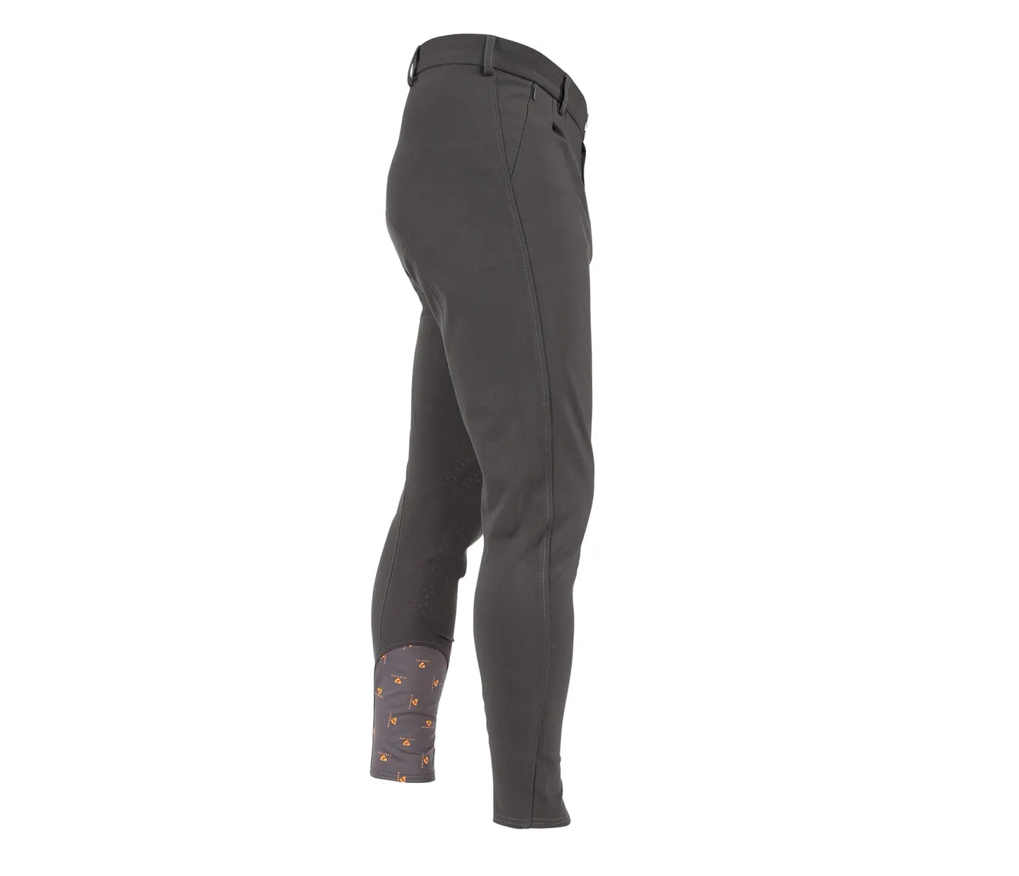 Dark gray equestrian riding breeches shown from a side profile view, featuring a patterned gray ankle cuff with small orange star details.