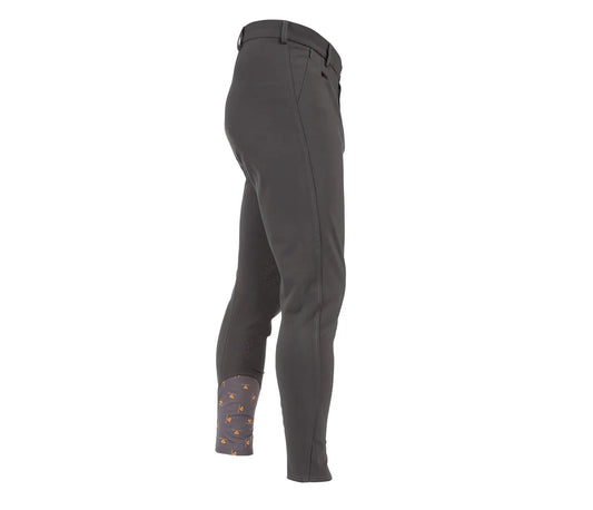 Dark gray equestrian riding breeches shown from a side profile view, featuring a patterned gray ankle cuff with small orange star details.