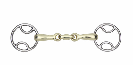 Horse bridle bit with gold and silver design on a white background