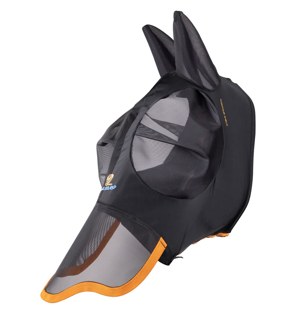 Black and orange horse fly mask with mesh design on a white background