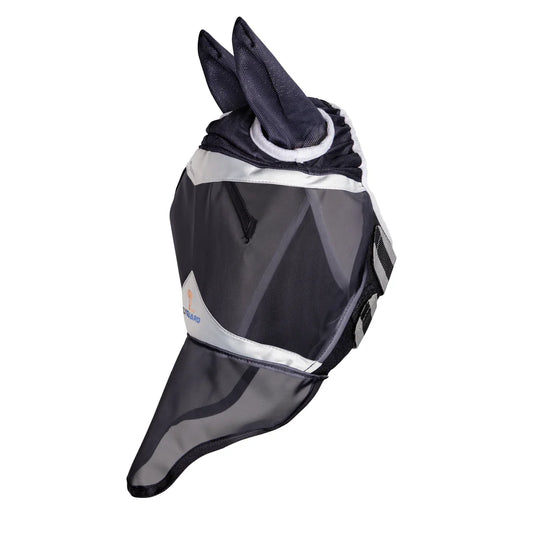 Black and gray horse fly mask with ear holes on a white background