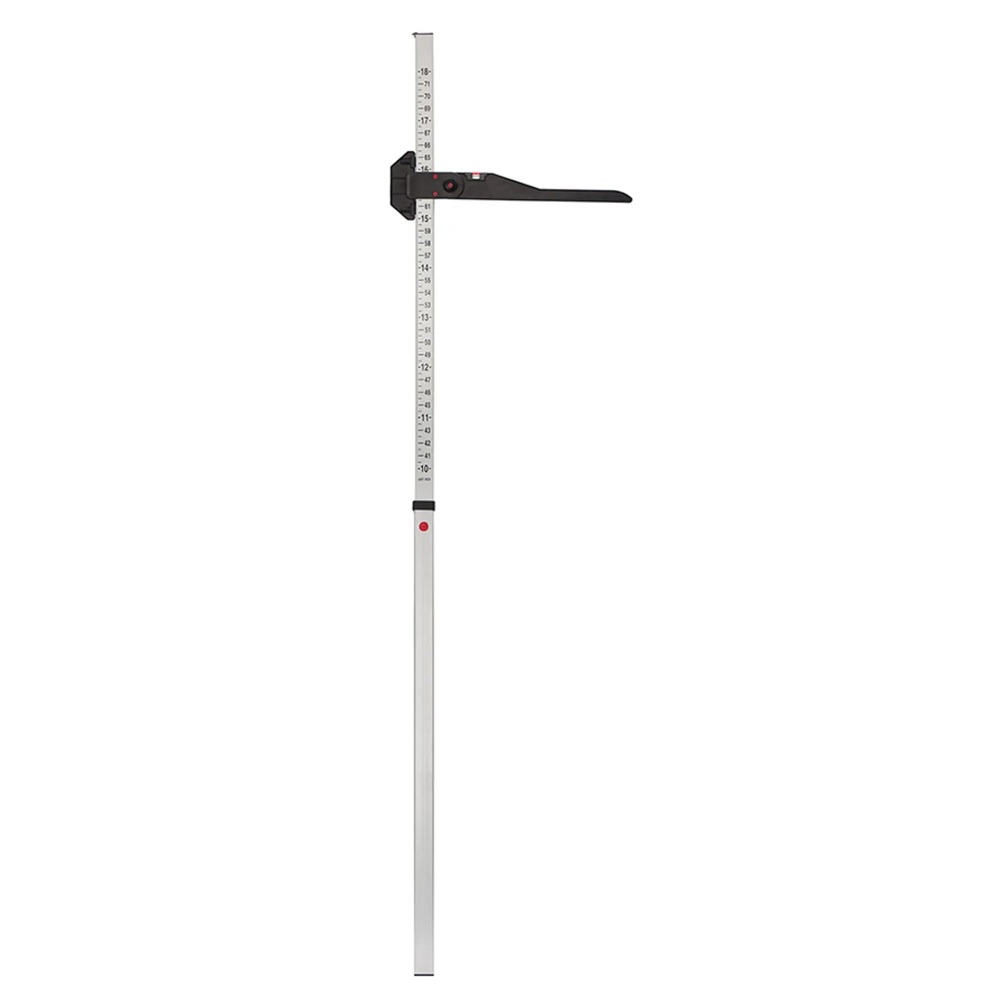 A vertical metal measuring stick with a black sliding clamp and ruler markings, shown against a plain white background.