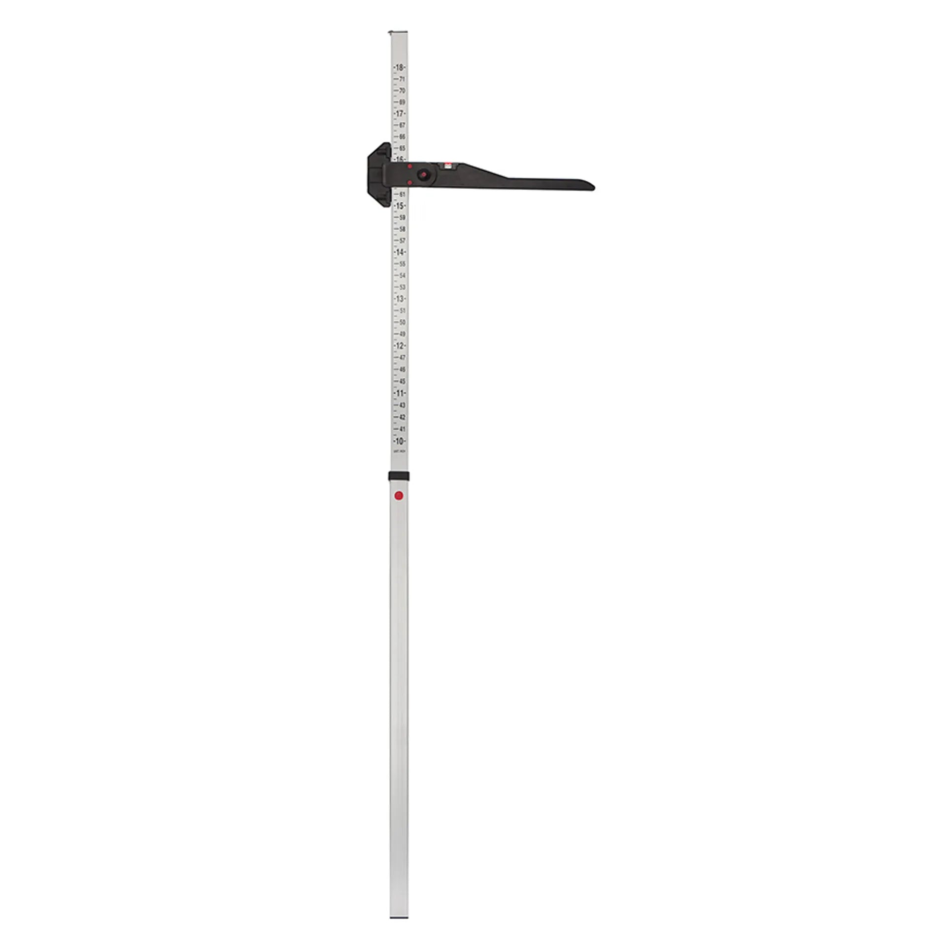 A vertical metal measuring stick with a black sliding clamp and ruler markings, shown against a plain white background.