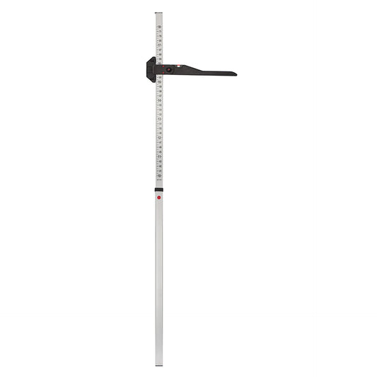 A vertical metal measuring stick with a black sliding clamp and ruler markings, shown against a plain white background.