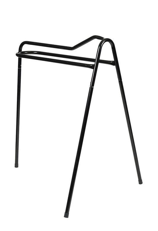 Black metal saddle stand frame on a white background