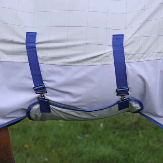 Close-up of a white horse blanket with blue straps on a grassy background