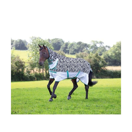 A horse wearing a striped fly combo rug designed to deter flies and provide UV protection, in an outdoor setting.
