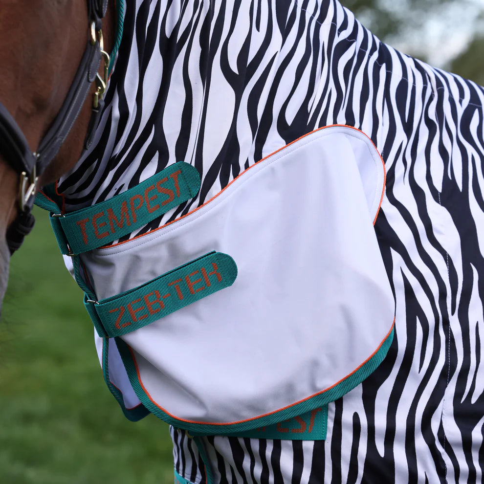 Horse wearing a zebra-patterned fly sheet with 'Tempest' branding.