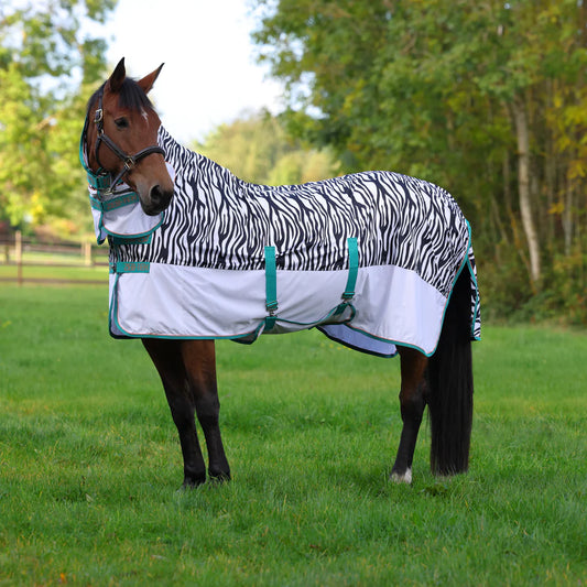 Horse wearing a zebra-patterned blanket in a grassy field with trees in the background