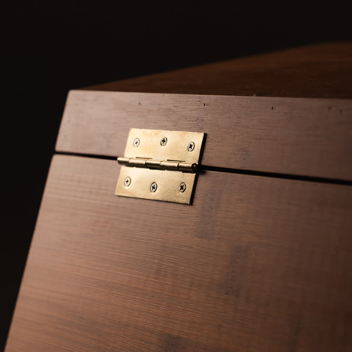 Close-up of a wooden box with a brass hinge on a dark background