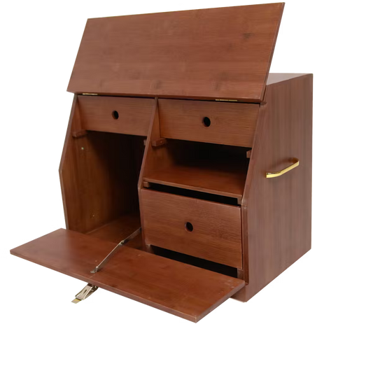 Wooden drafting table with a sloped top and drawers on a white background