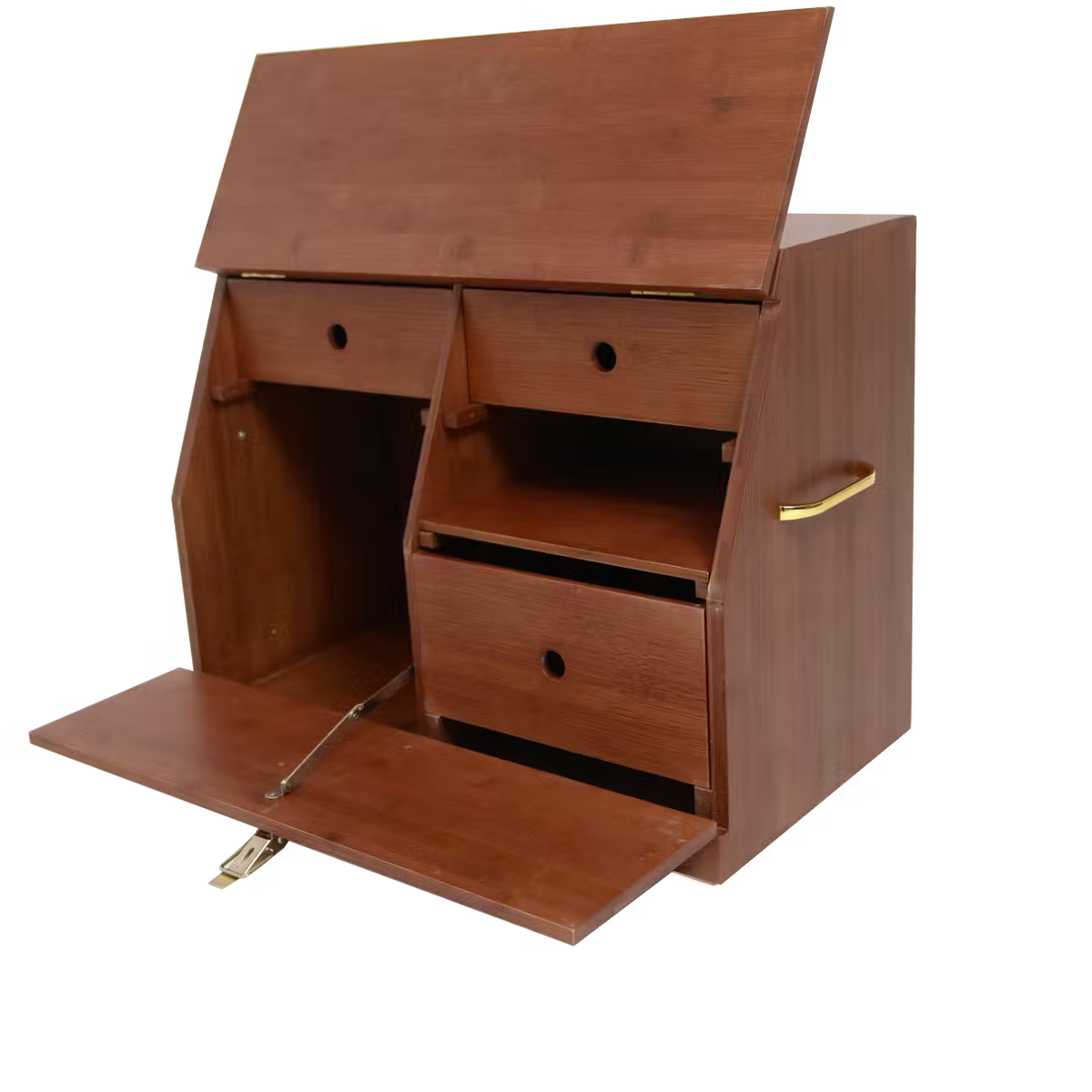 Wooden drafting table with a sloped top and drawers on a white background