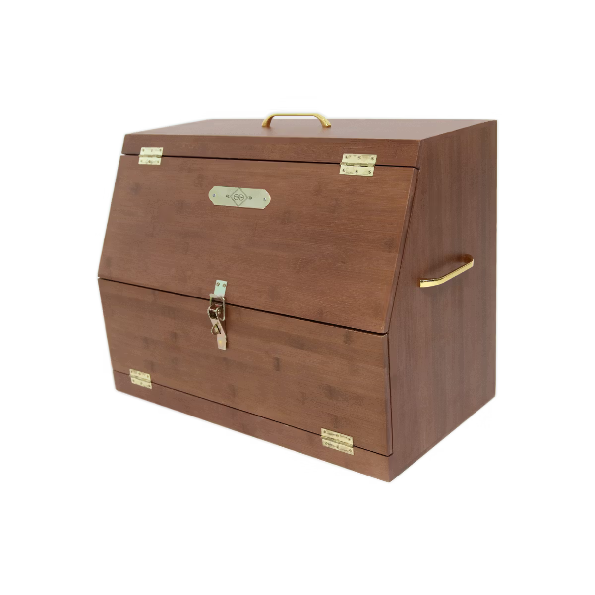 Wooden storage chest with brass hardware on a white background