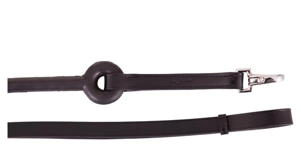 A black leather horse bit with a silver metal snap hook, displayed horizontally on a solid white background.