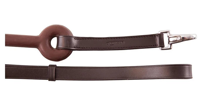 A dark brown leather horse bit with a silver-tone metal buckle and a polished brown leather ring, displayed horizontally against a solid white background.